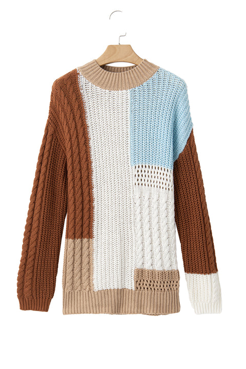 Khaki Mix Textured Knit Colorblock Patchwork Sweater