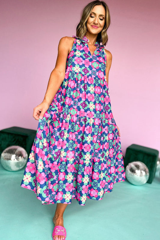 Blue Floral Print Frilly Neck Sleeveless Tiered Maxi Dress