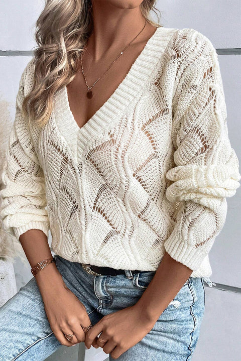 Beige Hollow Out Knit V Neck Drop Shoulder Sweater