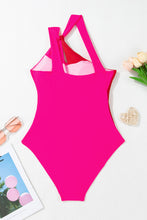 Rose Red Knotted One Shoulder Two Tones Backless One Piece Swimsuit