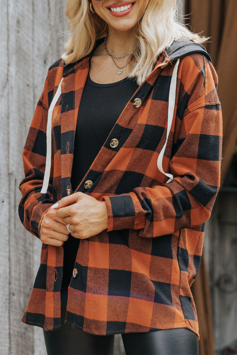 Gold Flame Buffalo Plaid Drawstring Hooded Shacket