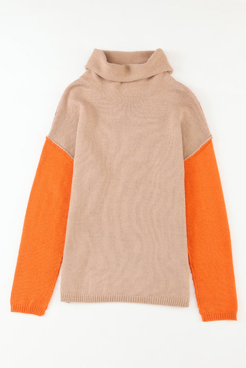 Khaki Color Block Turtle Neck Drop Shoulder Knit Sweater