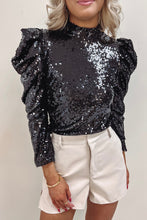 Apricot Sequin Mock Neck Bubble Sleeve Top