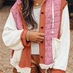 Coral Quilted Textured Patchwork Loose Fit Hooded Jacket