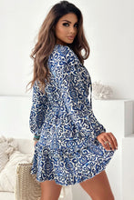 Blue Vintage Print Lace up V Neck Long Sleeve Mini Dress