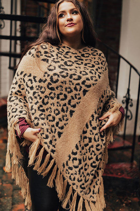 Leopard Plus Size Tasseled Hem Draped Poncho