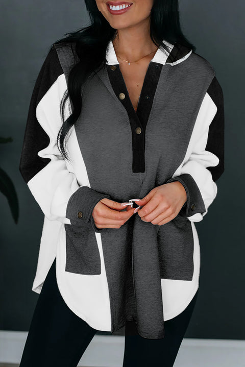 Gray Color Block Exposed Seam Buttoned Neckline Hoodie