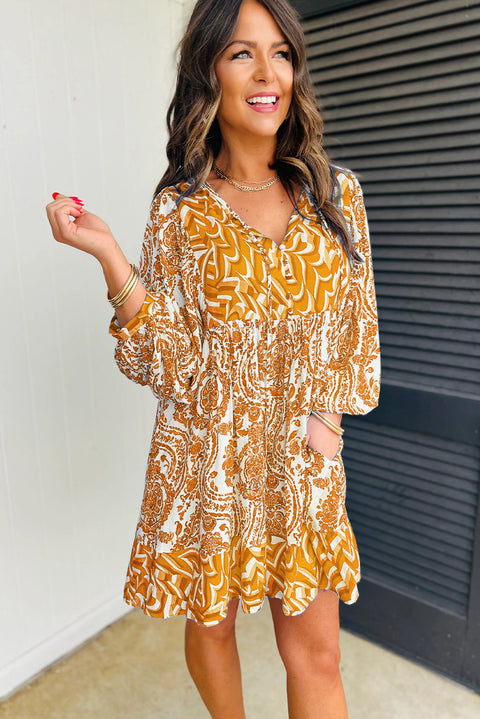 Yellow Bohemian Print Puff Sleeve Tied V Neck Flared Mini Dress