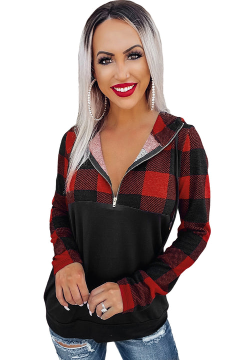 Contrast Buffalo Plaid Zip Pullover Hooded Top