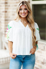 White Floral Embroidered Puff Sleeve Notched Neck Blouse