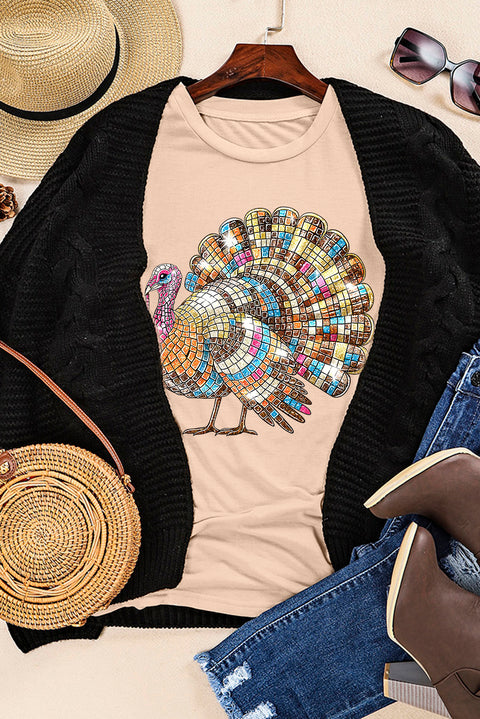 Khaki Thanksgiving Turkey Print Round Neck T Shirt