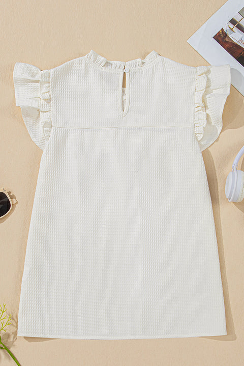 White Solid Color Ruffle Trim Waffle Knit Blouse