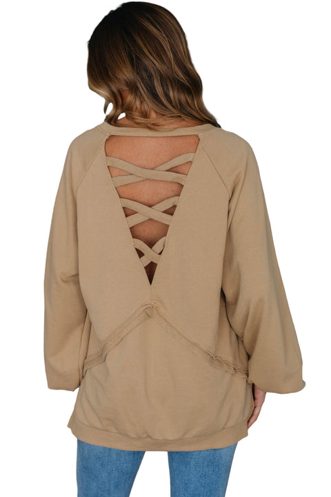 Light French Beige Solid Color Lattice Hollow Out Back Sweatshirt