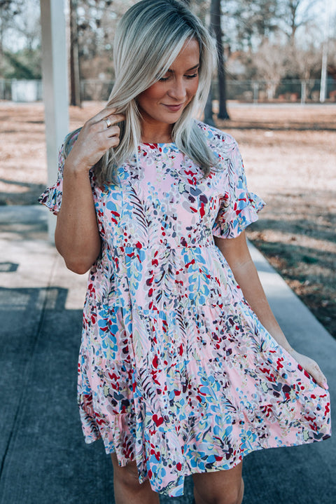 Short Sleeves Floral Print Tiered Ruffled Dress