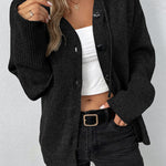 Black Drawstring Hooded Button Up Drop Shoulder Sweater Cardigan