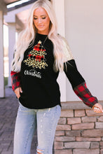 Black Christmas Tree Plaid Print Sequin Patch T Shirt