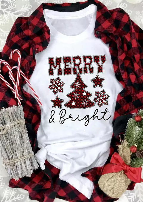 White MERRY and Bright Plaid Print Christmas Crewneck T Shirt