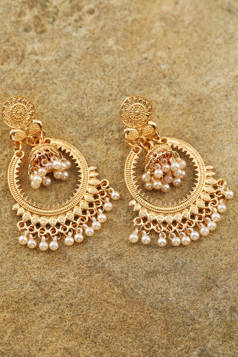 Gold Boho Pearl Tasseled Alloy Dangle Earrings