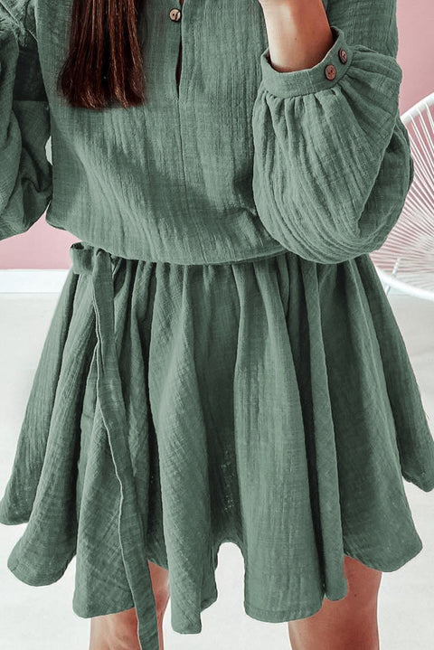 Pickle Green Button Neck Puff Sleeve Belted Pleated Mini Dress