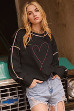 Black Rhinestone Heart Contrast Exposed Seam Valentines Pullover Sweatshirt