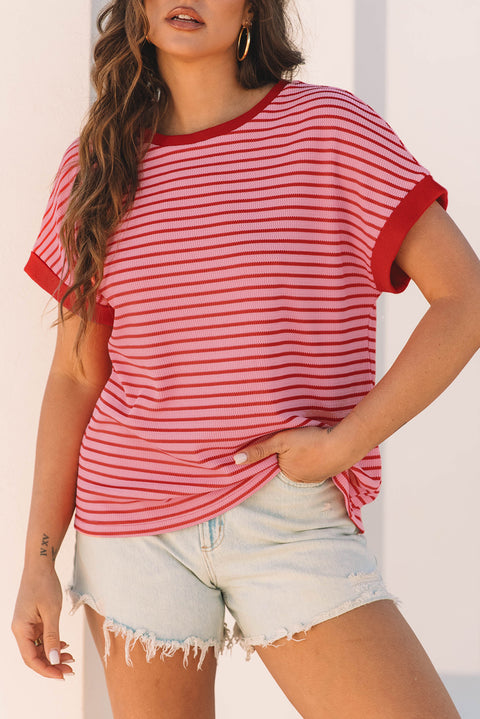 Pink Stripe Knitted Round Neck T Shirt