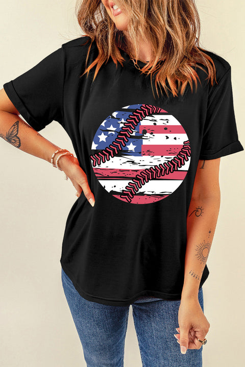 Black American Flag Baseball Graphic Crewneck T Shirt