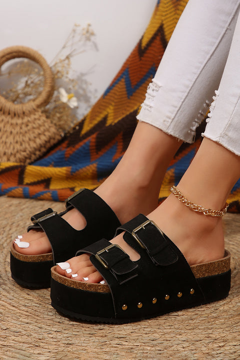 Black Suede Buckle Decor Footbed Sandal Slippers