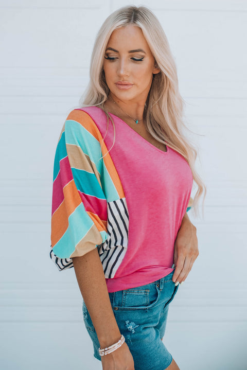 Stripe Color Block Bubble Sleeve Top