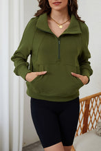 Moss Green Quarter Zip Stand Neck Kangaroo Pocket Sweatshirt