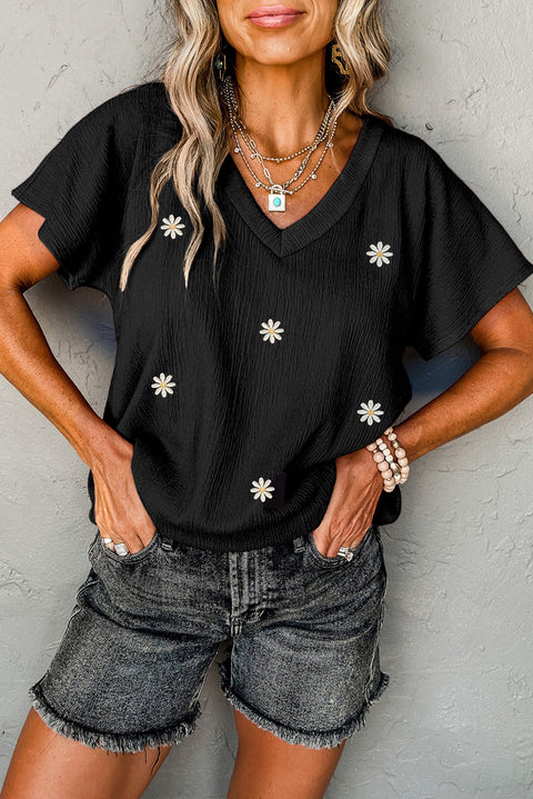 Black Crinkled Daisy Embroidered V Neck T Shirt