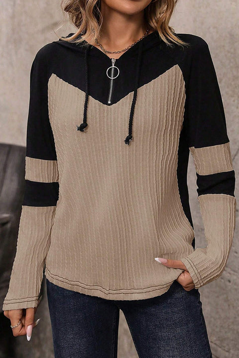 Parchment Textured Colorblock Long Sleeve Quarter Zip Drawstring Hooded Top