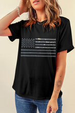 Black Glittering Rhinestone American Flag Pattern T Shirt