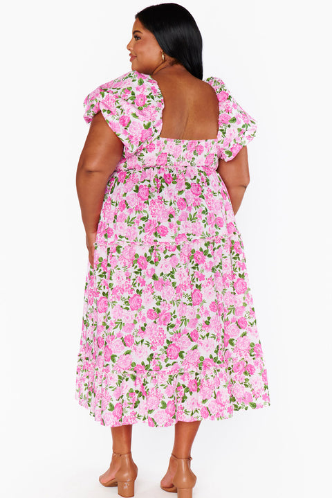 Pink Plus Size Floral Print Smocked Puff Sleeve Dress