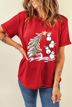 Red Christmas Tree Snowman Printed Crewneck T Shirt