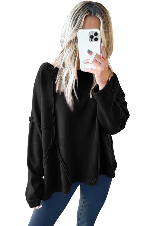 Exposed Seam Drop Shoulder Raw Hem Oversized Sweatshirt