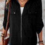 Black Collar Tab Sleeve Zip Up Flap Detail Jacket