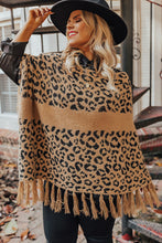 Leopard Plus Size Tasseled Hem Draped Poncho