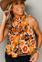 Orange Floral Print Knotted Halter Neck Sleeveless Top