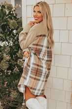 Khaki Plaid Patchwork Long Sleeve Shirt Mini Dress