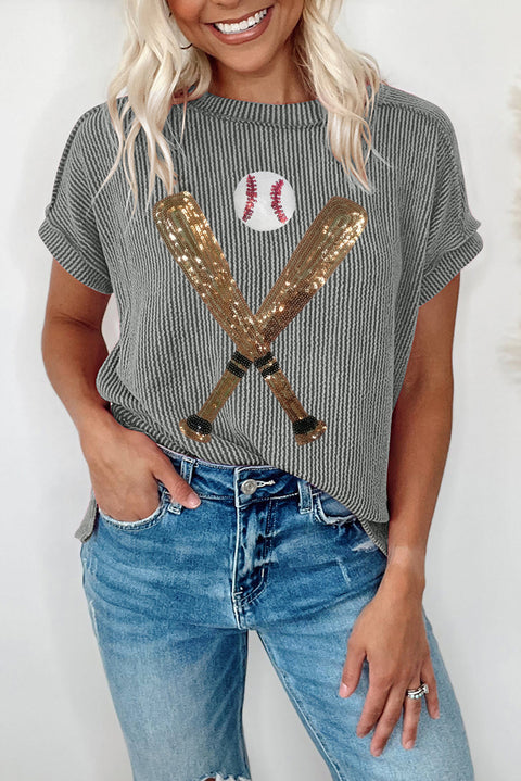 Medium Grey Sequin Baseball Pattern Ribbed Knit Crewneck T Shirt