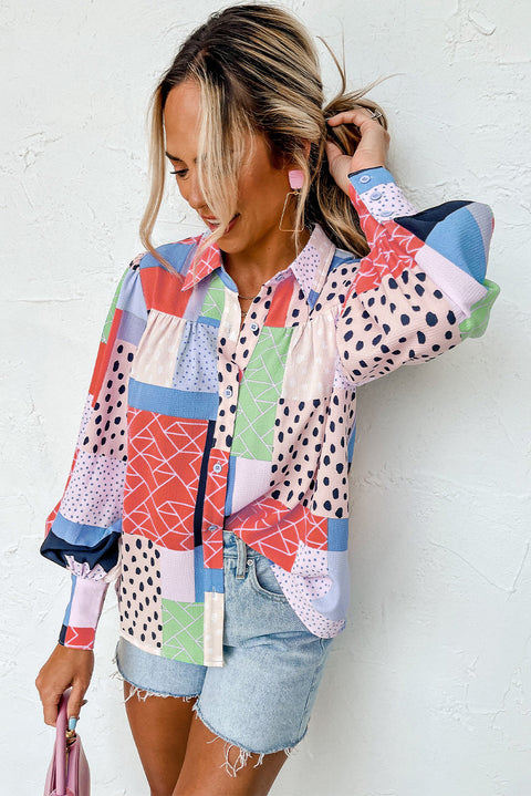 Multicolor Mixed Print Button Front Cuffed Sleeve Shirt