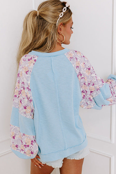 Beau Blue Textured Floral Patchwork Balloon Sleeve Blouse