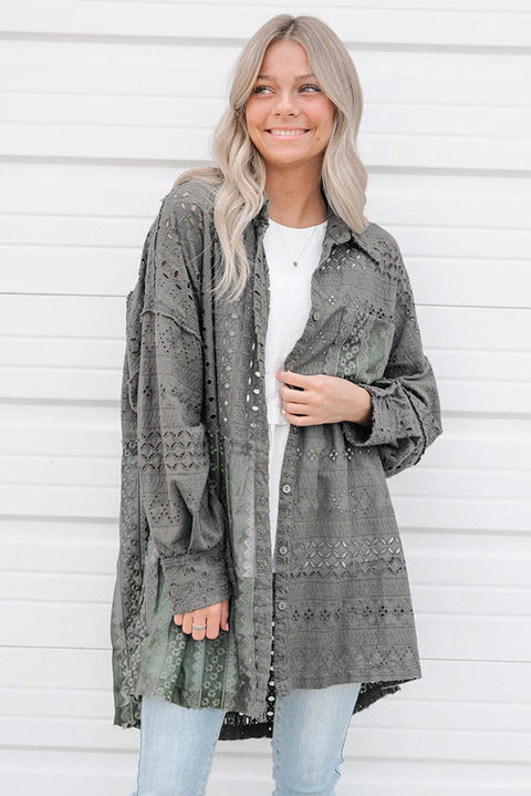 Duffel Green Eyelet Pattern Patchwork Oversized Button Up Shacket