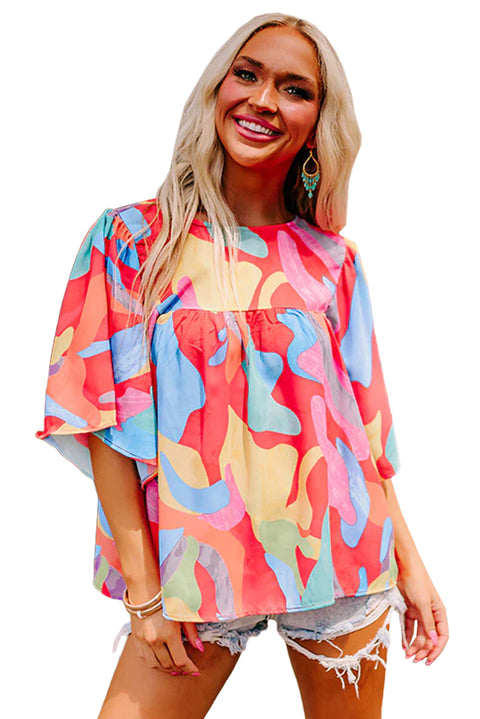 Multicolour Abstract Pattern Wide Sleeve Crew Neck Blouse