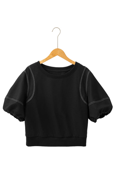 Black Contrast Stitches Detail Puffy Half Sleeve Blouse