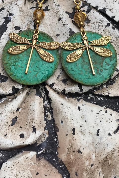 Dark Green Retro Dragonfly Hook Drop Earrings