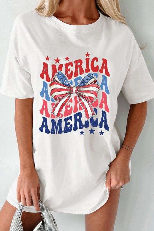 White AMERICA Star and Striped Bow Knot Graphic Tee