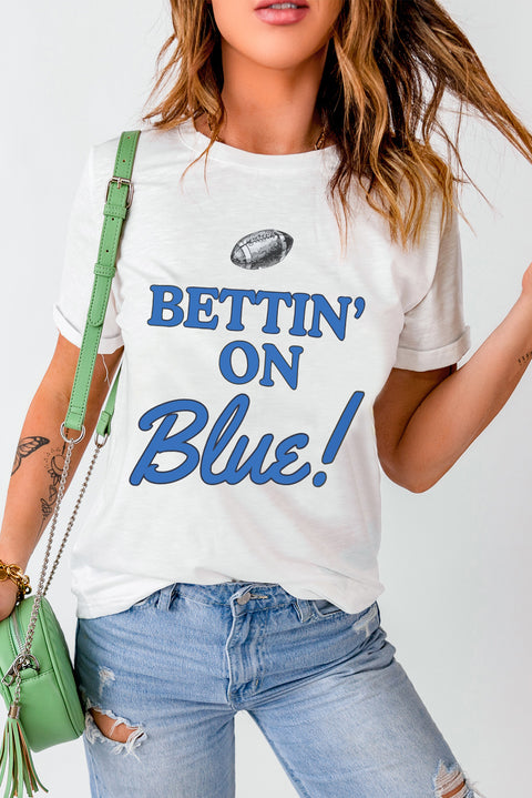 White Rugby Football BETTIN ON Blue Graphic Crewneck T Shirt