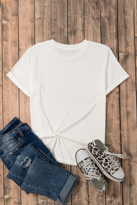 White Large Rose Print Round Neck T Shirt