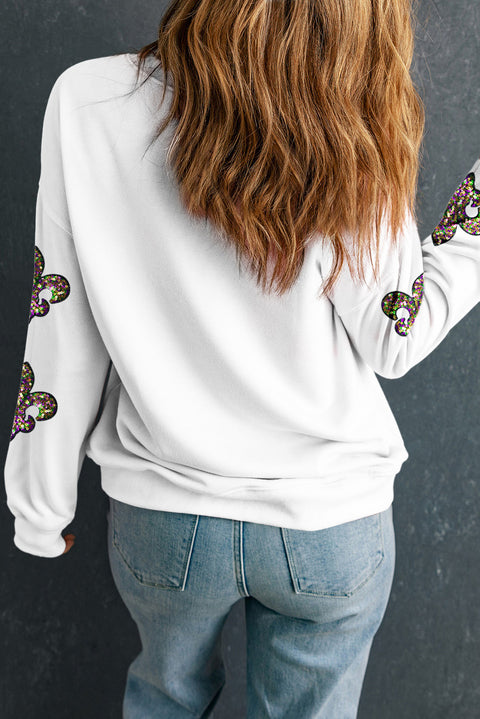 White Sequined Fleur De Lis Drop Shoulder Sweatshirt